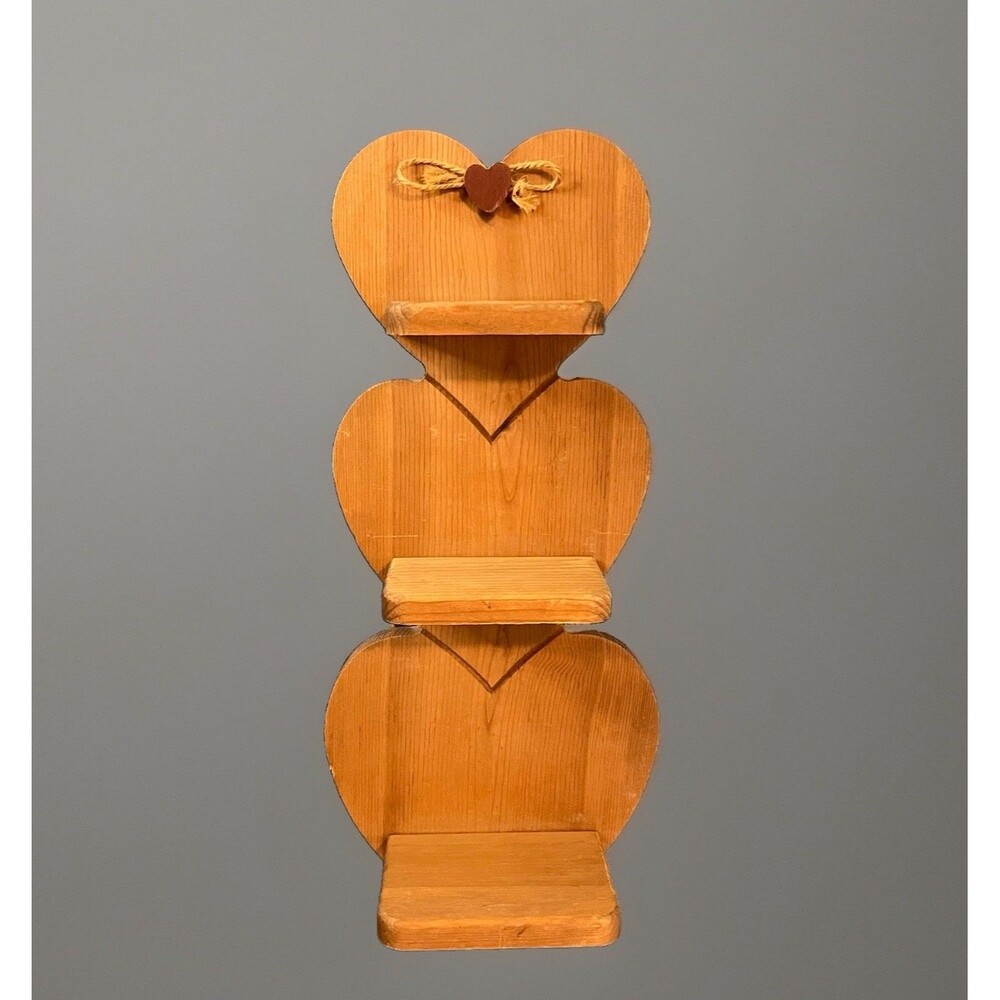 Vintage 3 Tier Solid Wood Heart Shaped Wall Shelf Cottagecore Granny 20.5”